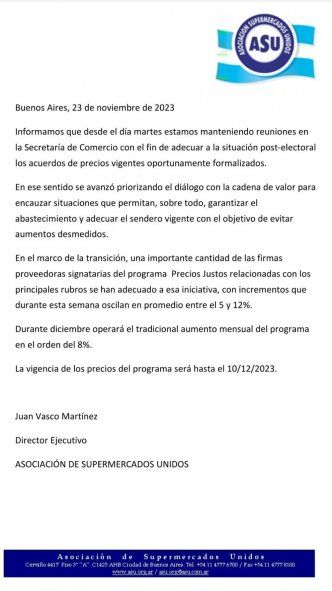 El comunicado de la Asociación de Supermercados Unidos.