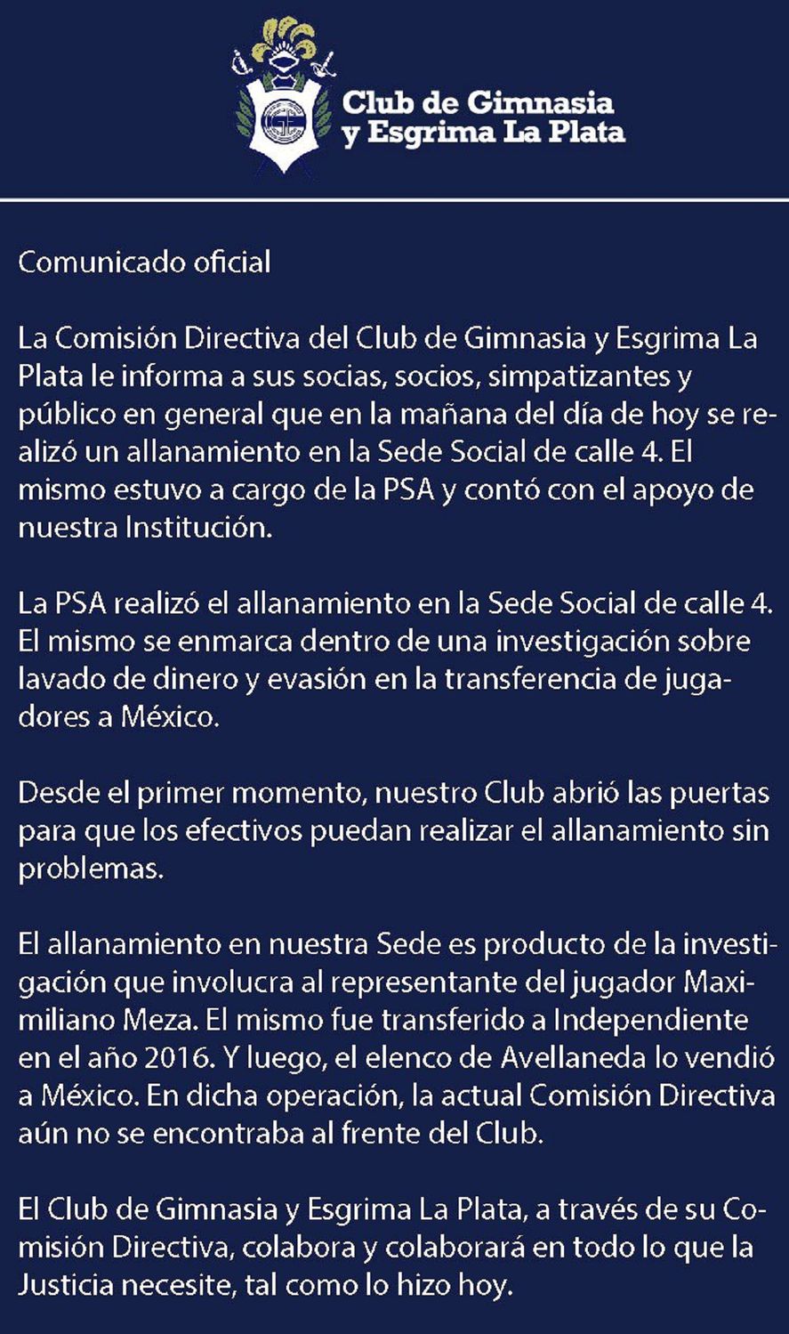 Comunicado de la dirigencia de Gimnasia ante el allanamiento en la Sede Social