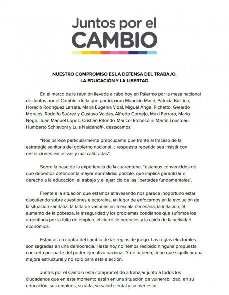 El comunicado de la Mesa Nacional de Juntos por el Cambio
