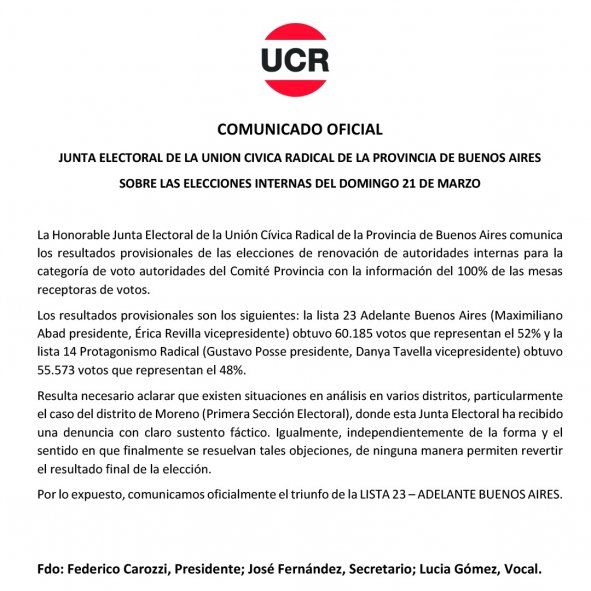 El comunicado oficial de la UCR confirmando la victoria de Abad