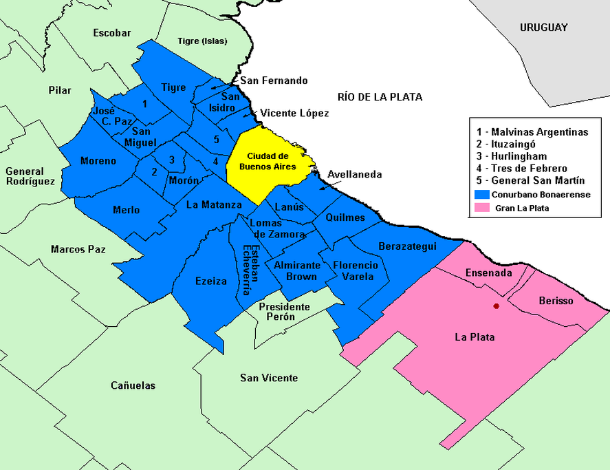 Los 24 partidos del Conurbano (en azul)
