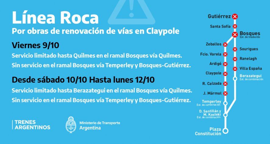 Habr & aacute;  servicios limitados en el tren Roca por obras de renovación de v & iacute; nd; as entre el viernes y el lunes