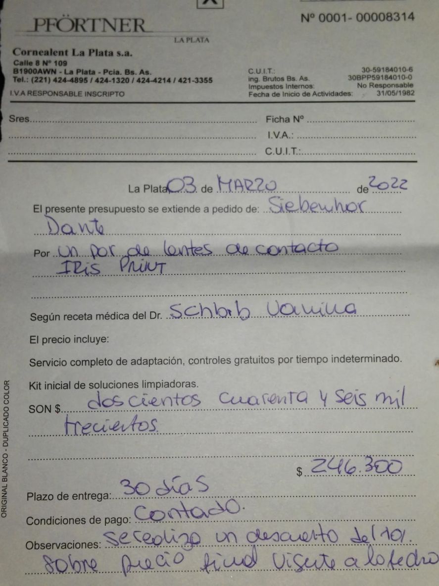 Los lentes de contacto que necesita Dante cuestan casi 250.000 pesos