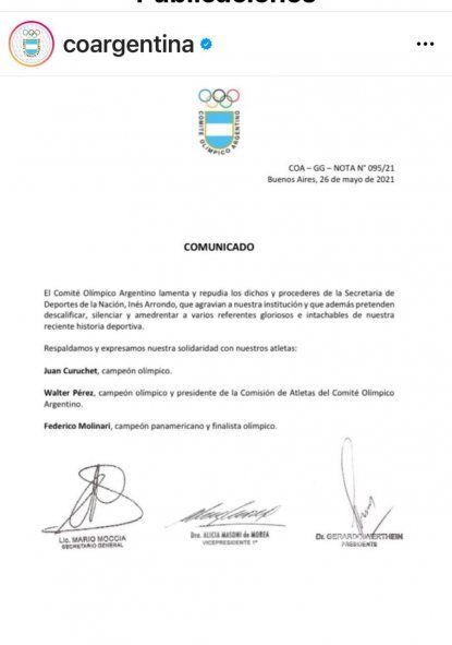 El comunicado del COA firmado por los referentes contra Arrondo. Los deportes argentinos en clave de conflicto a días del Sudamericano de Guayaquil.