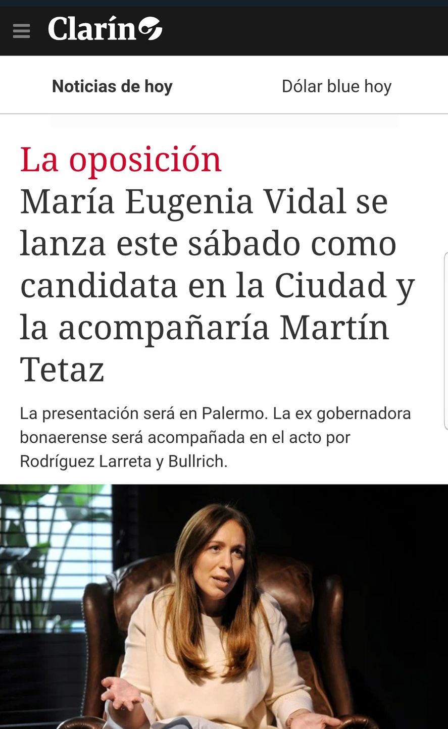 De este modo el diario Clarín destaca la integración de su empleado Martín Tetaz como segundo en las listas de candidatos a diputados por Capital Federal, junto a María Eugenia Vidal