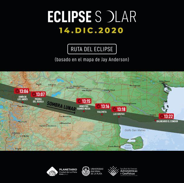 La franja de totalidad apenas tocará el extremo más austral de la provincia de Buenos Aires: la Villa balnearia 7 de marzo