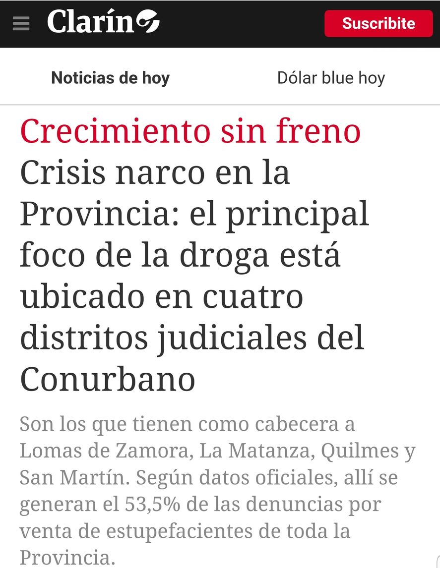 El artículo de Clarín ya modificado agrega el término judiciales a la palabra "distritos", para hablar de "Crisis Narco" en el conurbano bonaerense, mencionando adrede sólo municipios de gobiernos del Frente de Todos.