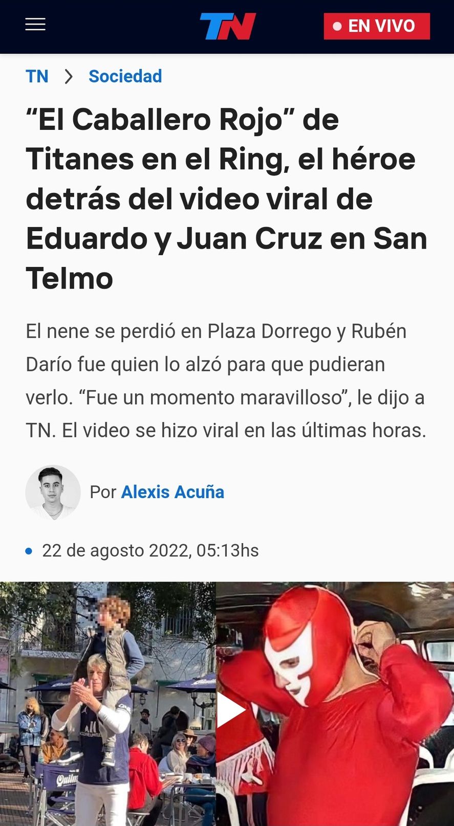 El artículo del portal de la señal de noticias TN del grupo Clarín, que afirma erróneamente que el héroe de San Telmo fue el 