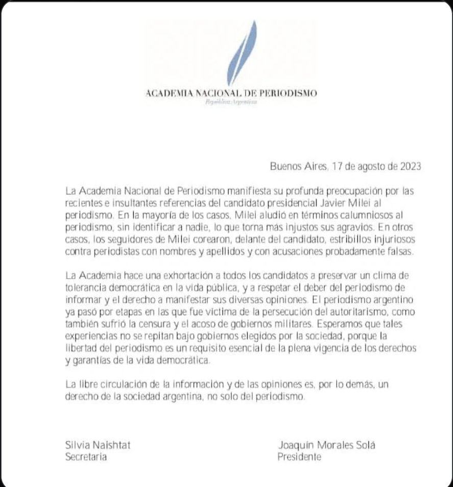 El comunicado de la Academia de Periodismo que preside Joaquín Morales Solá conminando a Javier Milei a cesar en sus agravios a los periodistas "independientes" El comunicado de la Academia de Periodismo que preside Joaquín Morales Solá conminando a Javier Milei a cesar en sus agravios a los periodistas "independientes"