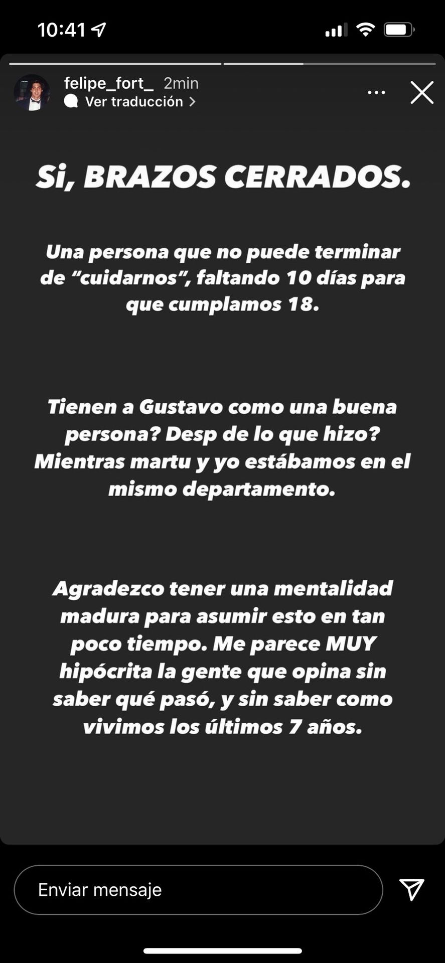El duro mensaje de Felipe, el hijo de Ricardo Fort hacia su tutor Gustavo Martínez quien se suicidó hoy, tirándose de un piso 21 en el barrio de Belgrano, CABA. 
