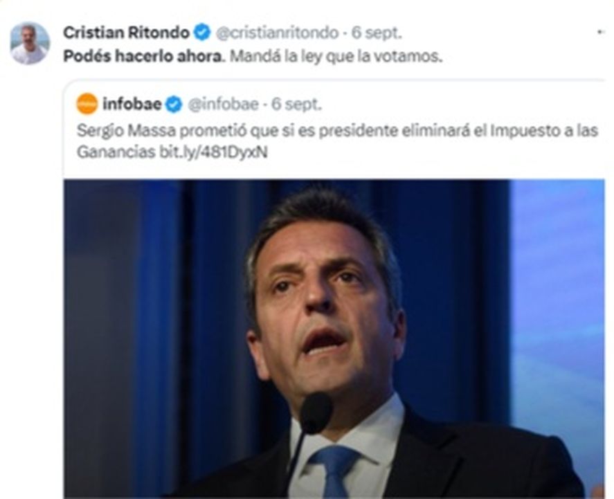 El famoso tweet de Cristian Ritondo desafiando a Sergio Massa para que envíe el proyecto de suba de mínimo no imponible al Impuesto a las ganancias para votarlo. Después "pasaron cosas". 
