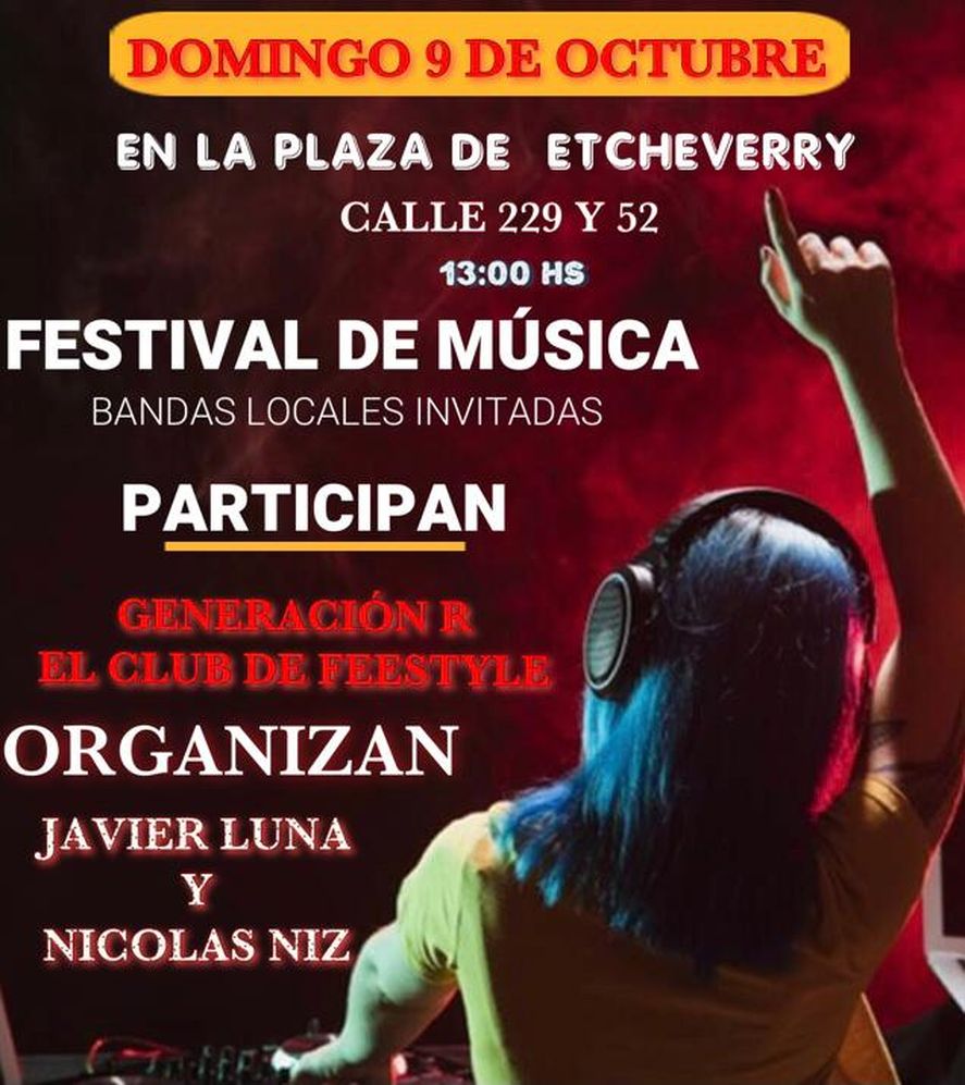 El flyer del Festival Musical a realizarse el domingo 9 de octubre en la plaza de la localidad platense de Ángel Etcheverry 
