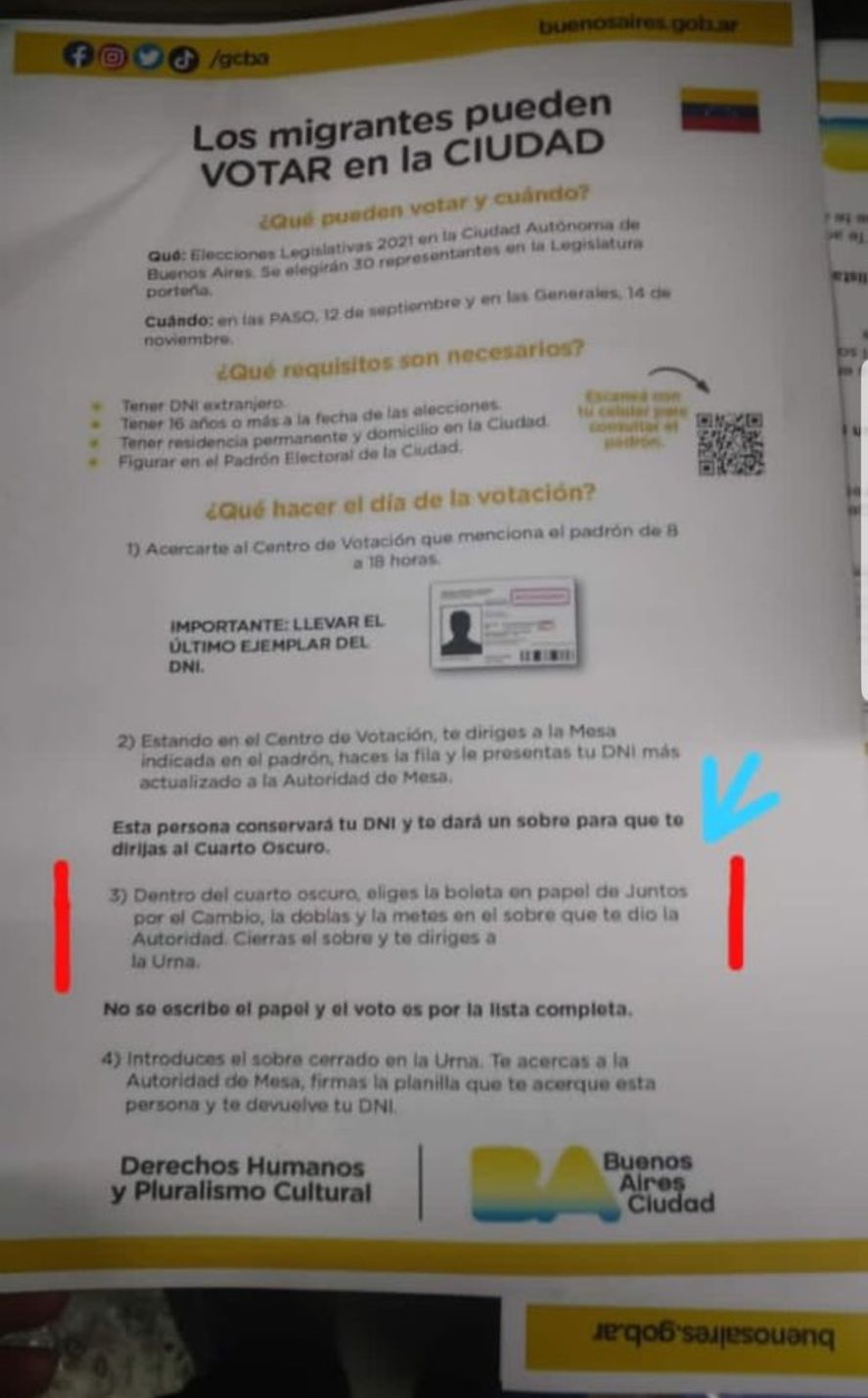El folleto a manera de instructivo elaborado por un organismo del Gobierno de la Ciudad que indica a los extranjeros que deben elegir la boleta de Juntos por el Cambio