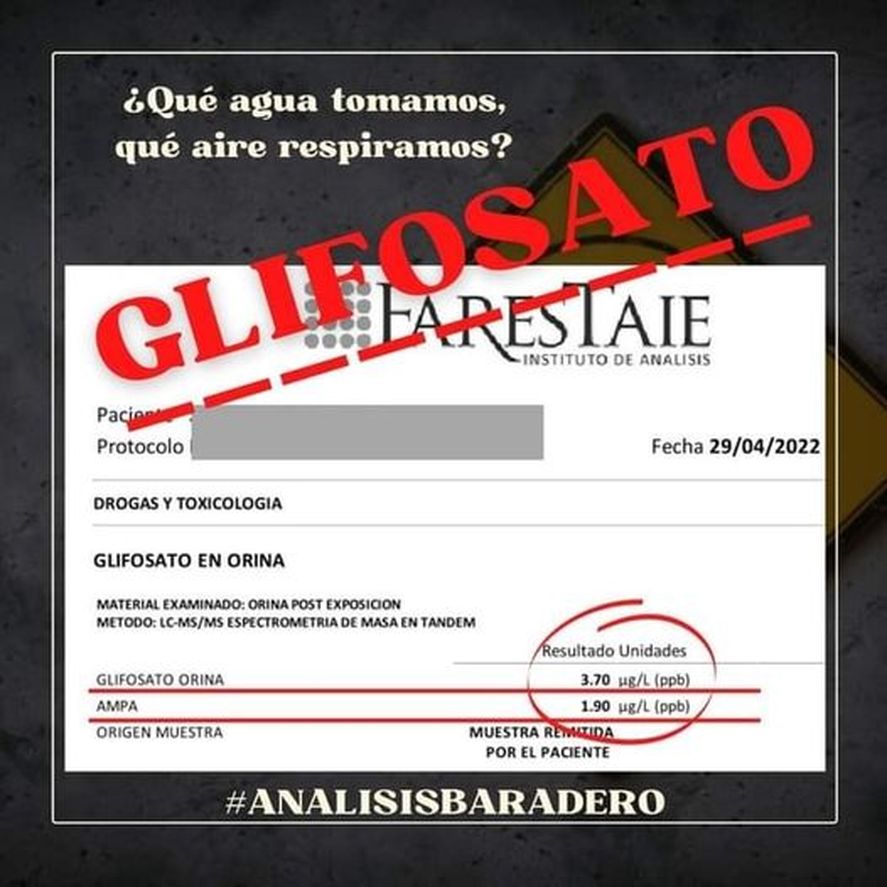 El informe que indica el porcentaje de agroquímicos como el glifosato, presente en la orina del 40 por ciento de los niños en el distrito bonaerense de Baradero 