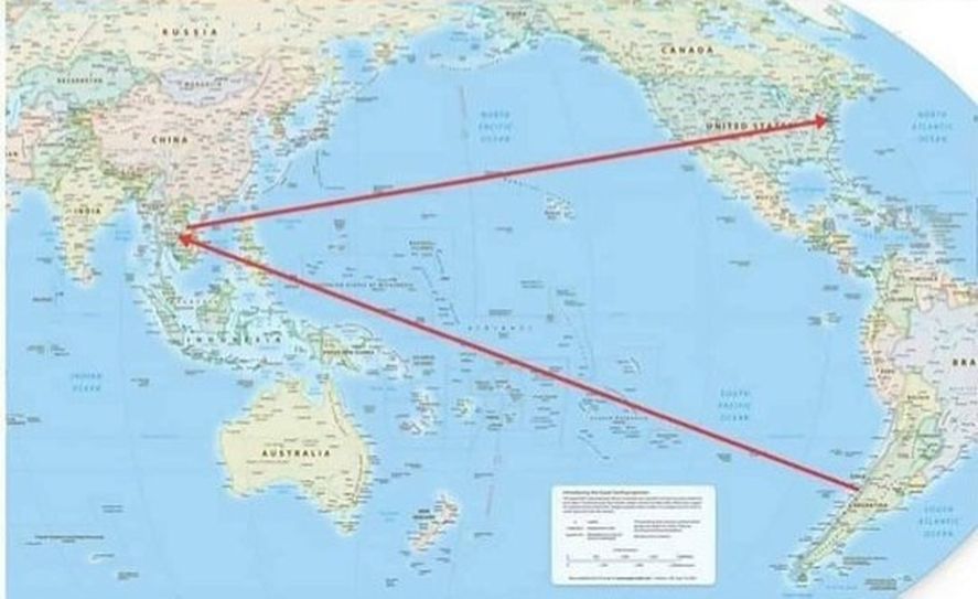El mapa marca el inmenso derrotero de las peras argentinas que deben ir a Tailandia hacer embaladas para llegar a las góndolas de los supermercados de Estados Unidos