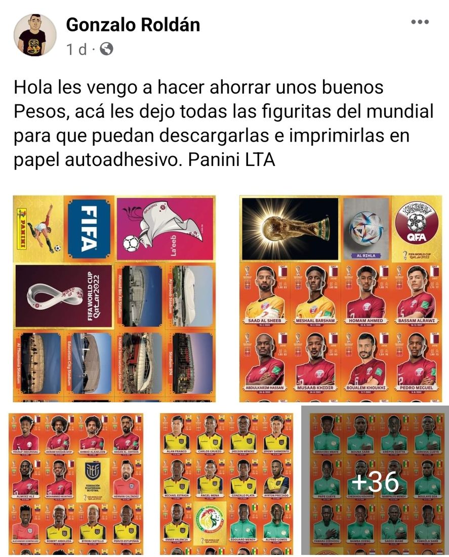 El posteo en Facebook del usuario que llenó el álbum de figuritas del Mundial de Qatar 2022 y lo compartió para que cualquiera lo descargue y lo imprima en alta resolución