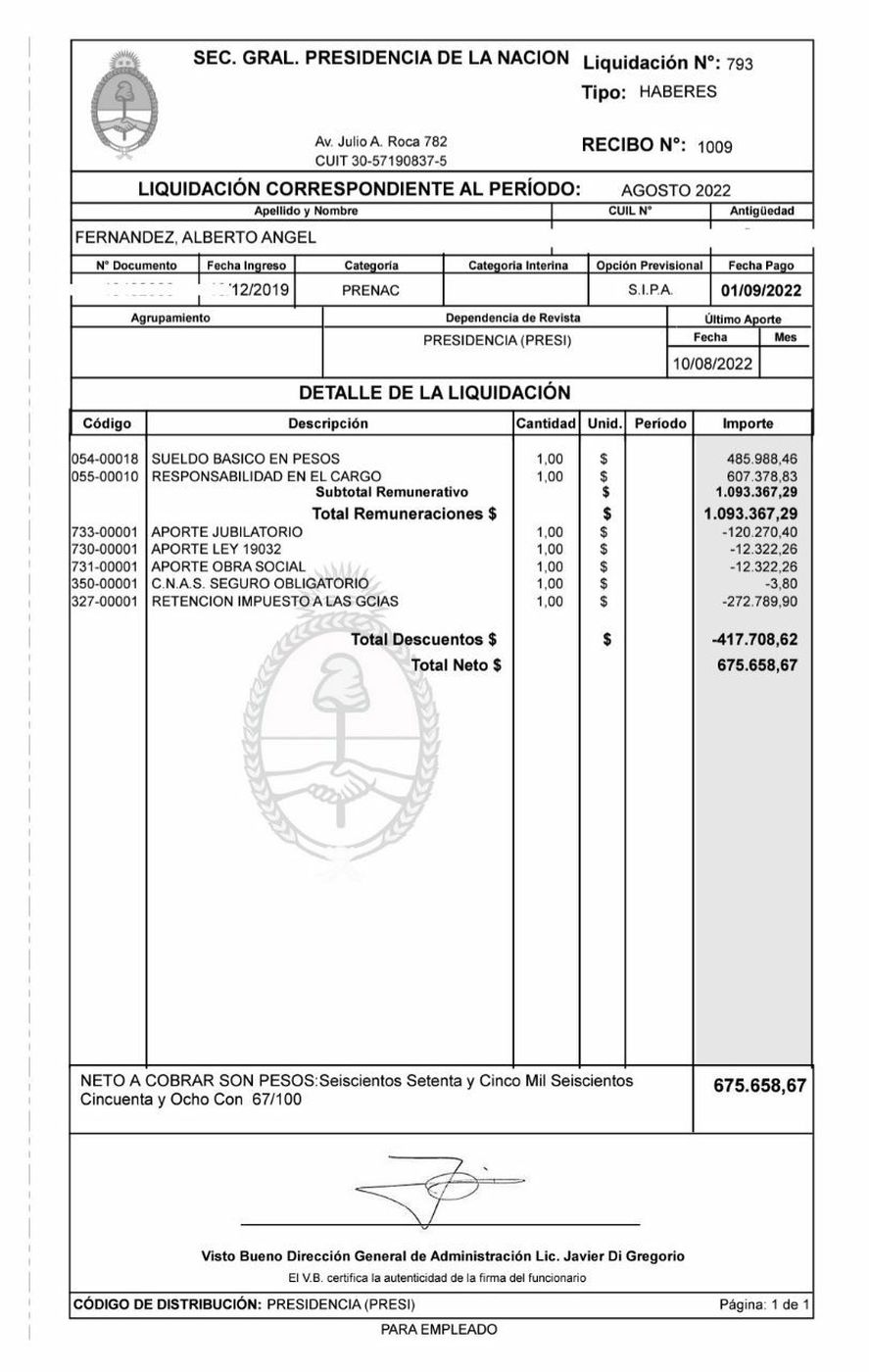 El recibo de sueldo del Presidente Alberto Fernández en el que puede verse un monto que resulta inferior al de algunos intendentes bonaerenses como por ejemplo el de Bahía Blanca Héctor Gay 