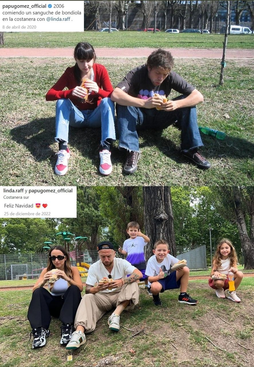 El "sanguche de bondiola" del Papu Gómez y su esposa Linda Raff en 2006, comparado con el actual almuerzo de Navidad 2022 en la misma Costanera de Buenos Aires, ahora siendo campeón mundial, y sumando a sus hijos 