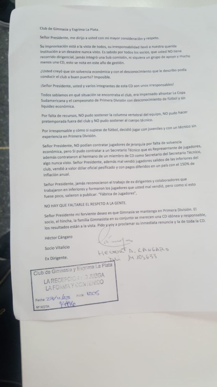El socio Héctor Cangano pidió la renuncia del presidente de Gimnasia, Mariano Cowen
