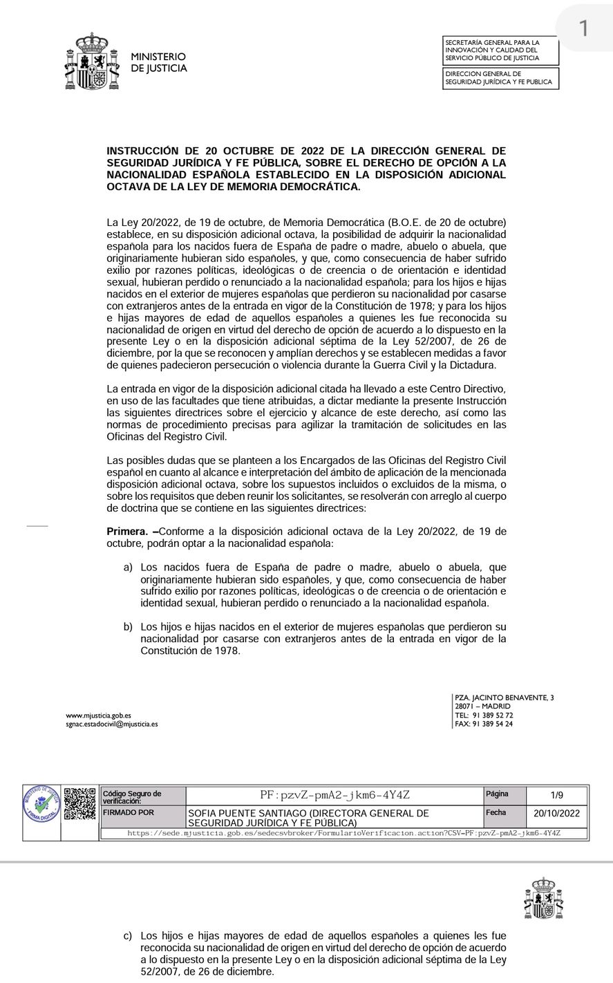 El texto del instructivo que emitió el Ministerio de Justicia de España acerca de la Ley de Memoria Democrática, conocida popularmente en Argentina como "Ley de Nietos"