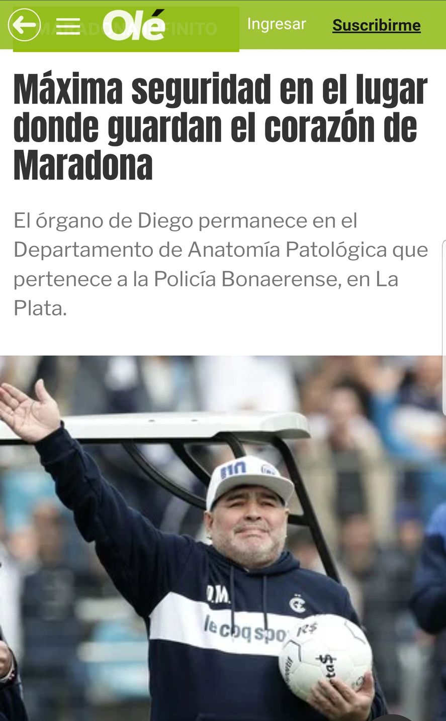 El titular del diario deportivo Olé mantiene el manto de sospecha sobre la incomprobable intención de la barrabrava de Gimnasia de robar el corazón de Diego Maradona 
