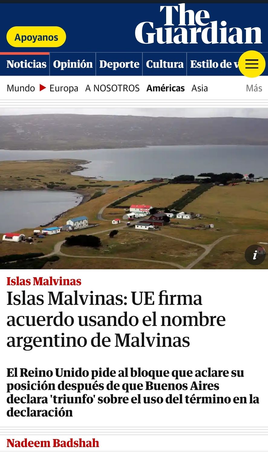 El titular traducido al castellano del diario The Guardian lamentando como la Unión Europea llama ahora Islas Malvinas en lugar del término "Falklands" que usa el Reino Unido 