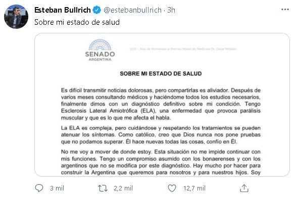 Esteban Bullrich compartió el comunicado en el que confirma su enfermedad vía Twitter