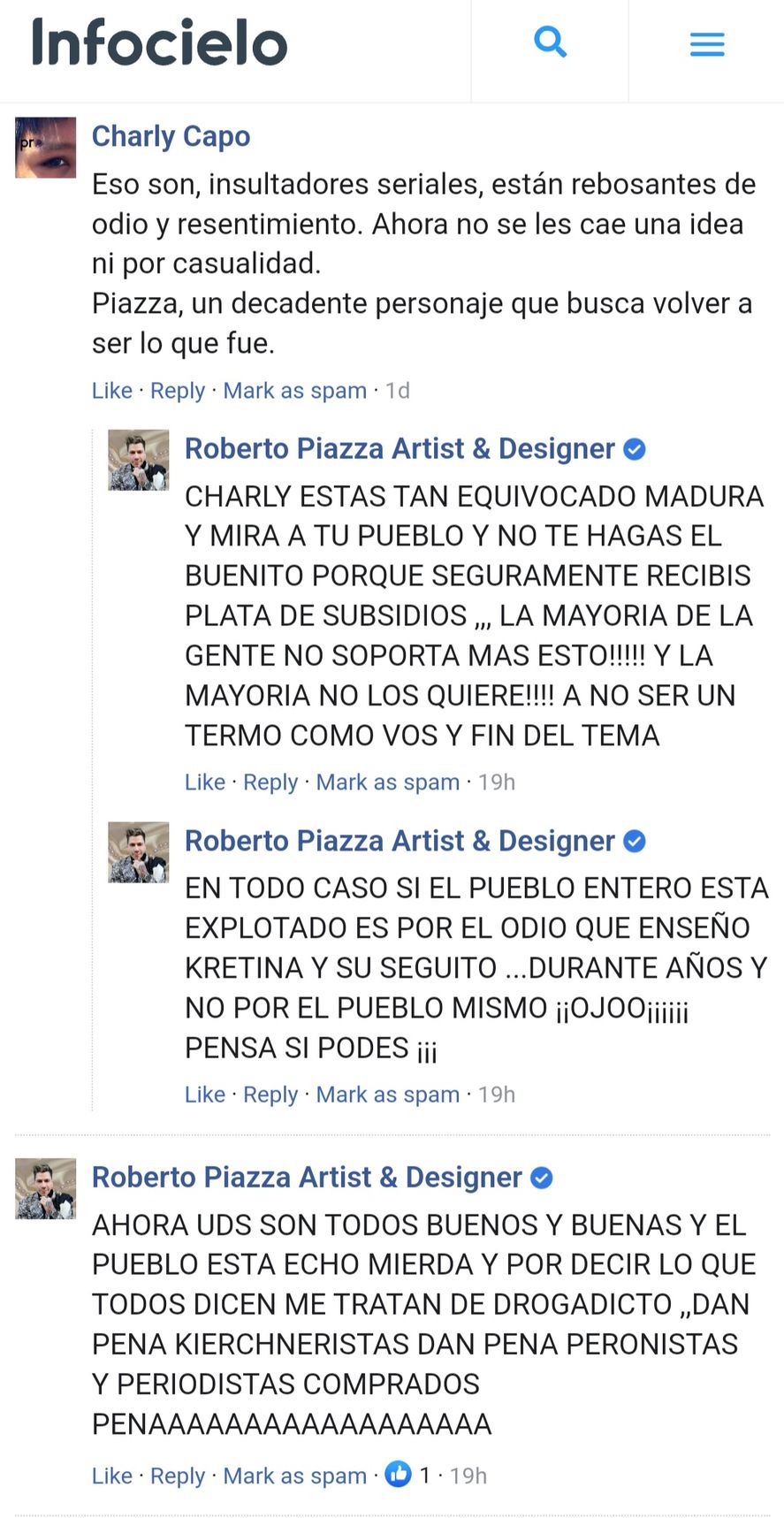 En el Facebook de Infocielo, Roberto Piazza explotó de ira ante la publicación de su archivo como organizador de un desfile en favor de Evita hace 10 años 