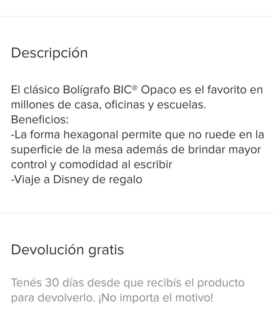 En la descripción del artículo se aclara de qué tipo de bolígrafo se trata, y además se colocan viajes como una adicional extra, en este caso a Disney y de "regalo en el paquete" en cuotas
