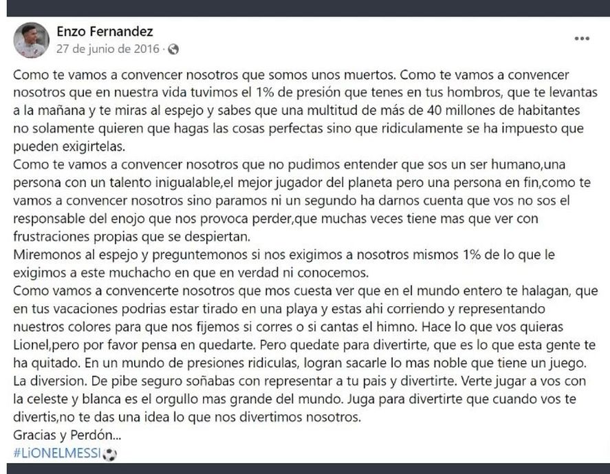 La carta completa que un adolescente Fernández le escribió a Messi en 2016 cuando quiso dejar la Selección Argentina. Increíble.