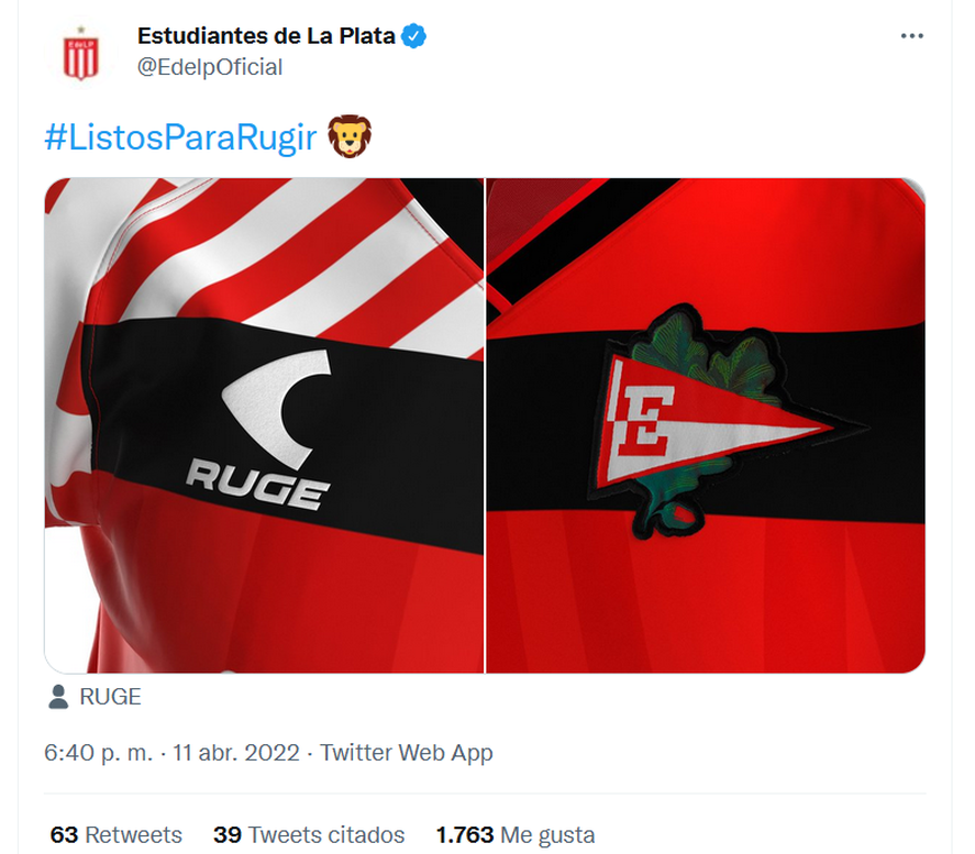 La publicación de Estudiantes sobre la nueva casaca de Ruge.