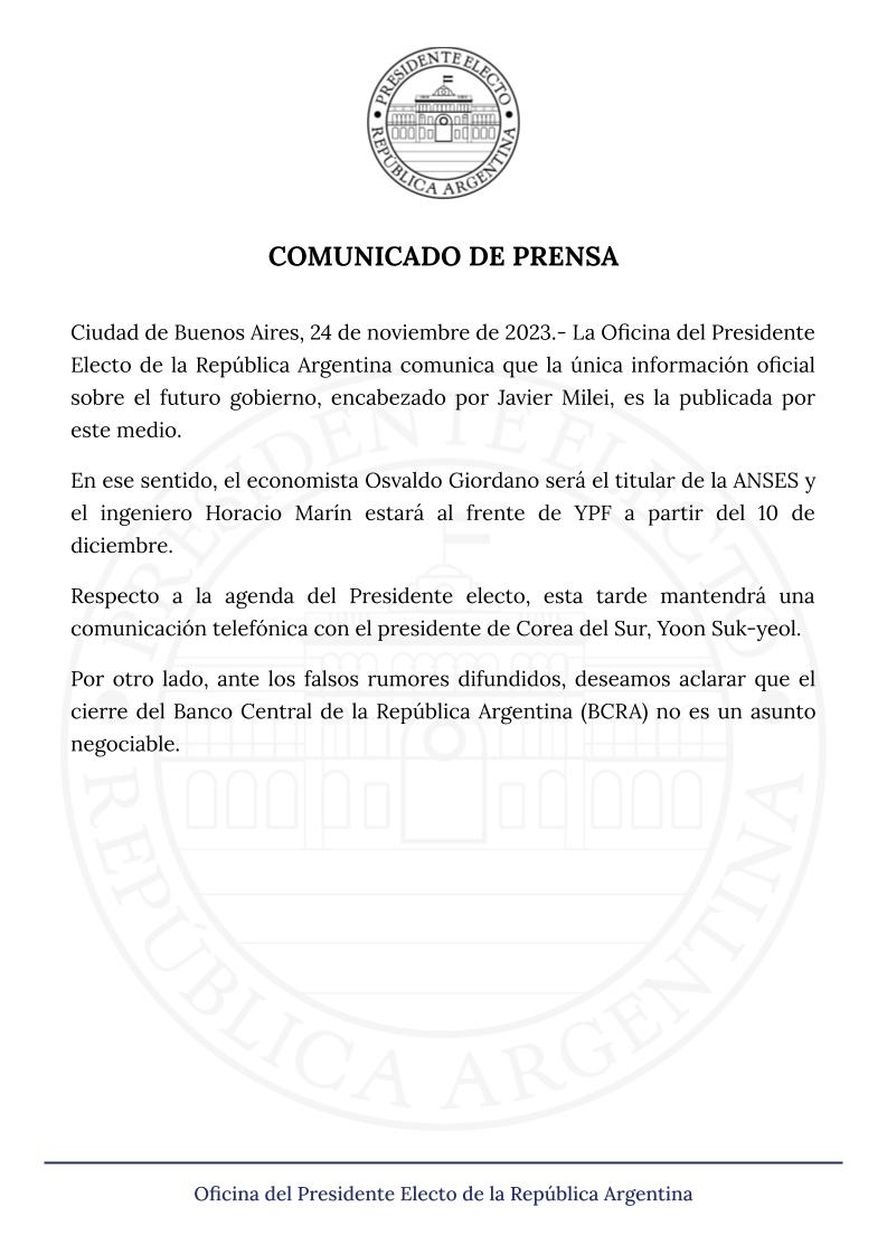 Comunicado oficial de los voceros de Javier Milei.