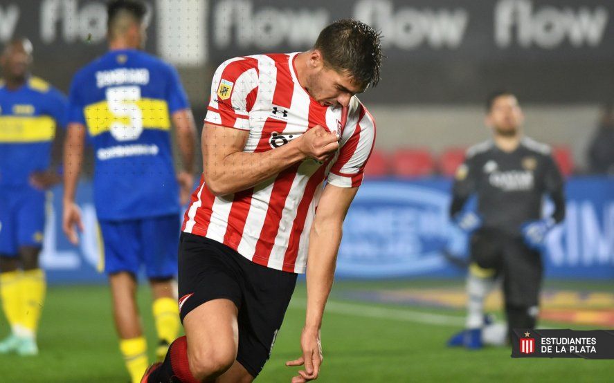 Noguera grita su gol en el triunfo de Estudiantes ante Boca.