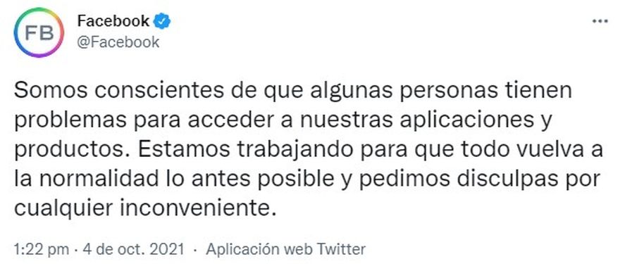 Facebook habló de la caída a través de Twitter