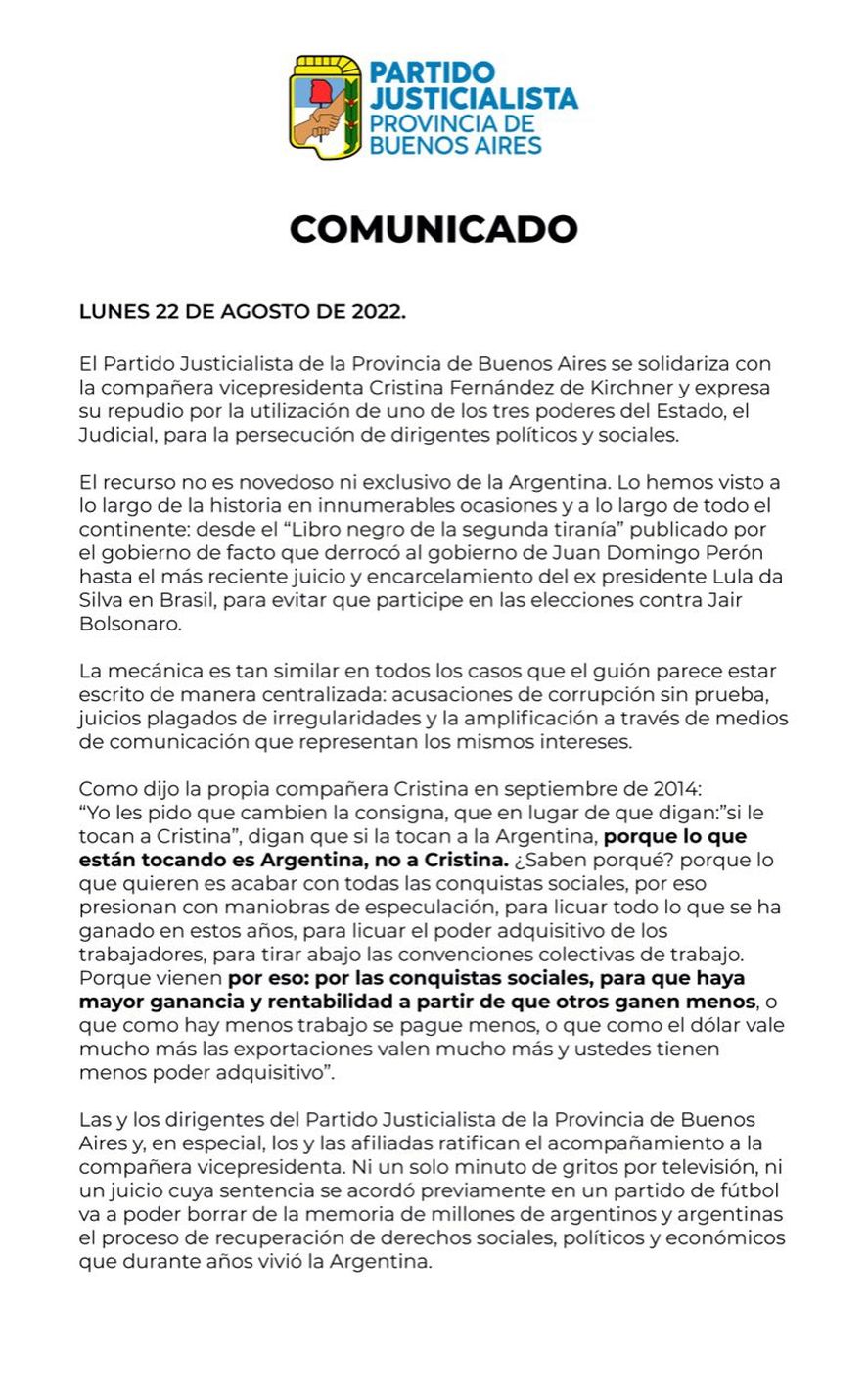El comunicado del PJ Bonaerense en respaldo de Cristina Kirchner
