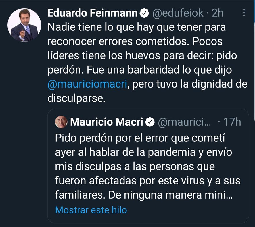 Feinmann decidió resaltar el pedido de disculpas de Macri para ver si podía recongraciarse con sus "fans"