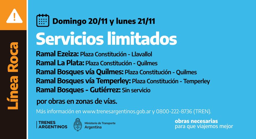 Estos ramales del Tren Roca funcionarán con servicio limitado este domingo y lunes por obras. 