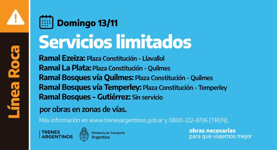 Estos serán los servicios reducidos del Tren Roca de este domingo 13 de noviembre.