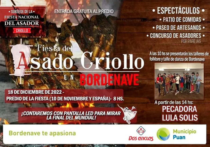 Este domingo se realizará la Fiesta del Asado Criollo en Bordenave, localidad perteneciente al partido de Puán, donde se podrá ver la final del Mundial.