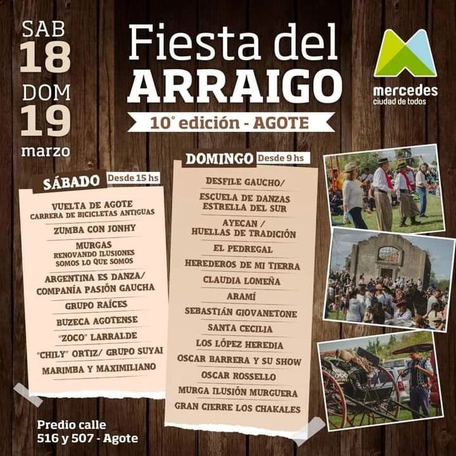 La Fiesta el Arraigo se llevará a cabo el próximo sábado 19 y domingo 18 de marzo por los 183 años de Agote, localidad del partido de Mercedes.