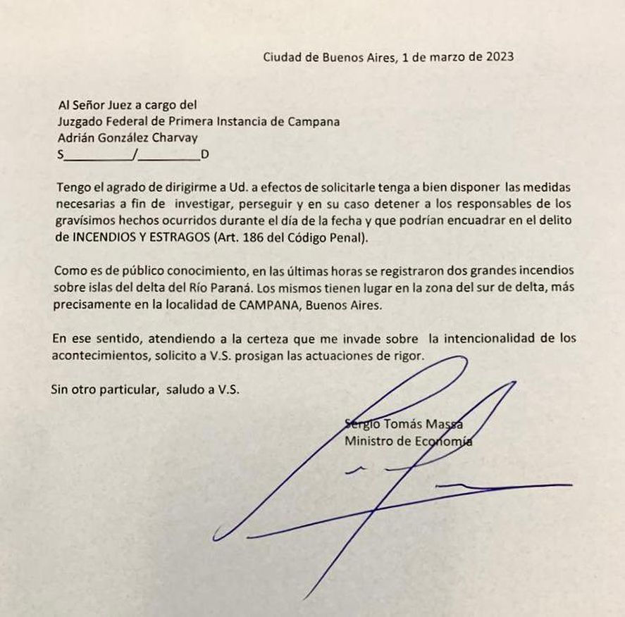 El pedido de investigación a la Justicia firmado por Sergio Massa.