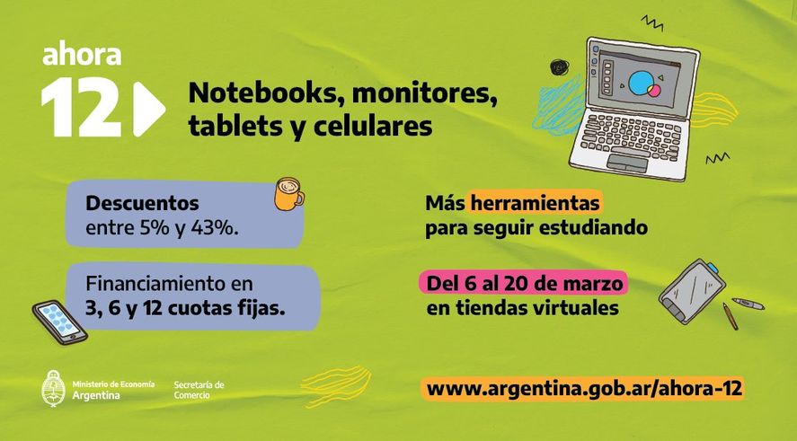 Hasta el 20 de marzo, los estudiantes podrán acceder al Ahora 12 para la compra de notebooks, celulares, tablets y monitores con descuento y cuotas fijas.