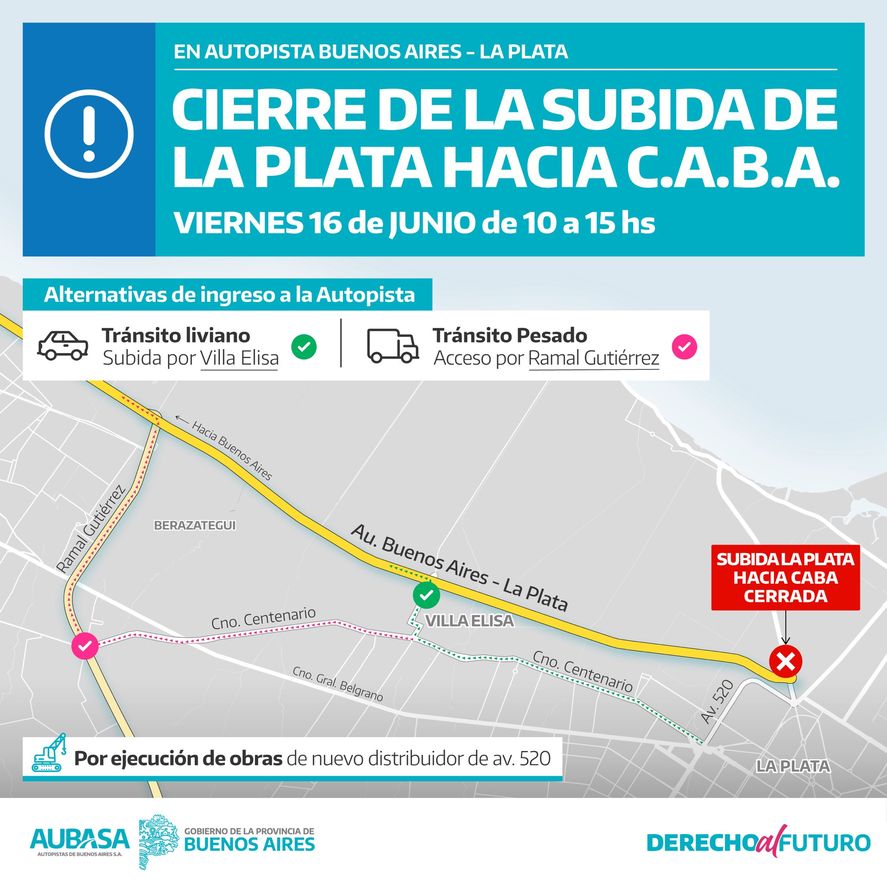 En la antesala al fin de semana largo de junio, una de las subidas a la Autopista Buenos Aires - La Plata estará cerrada. 