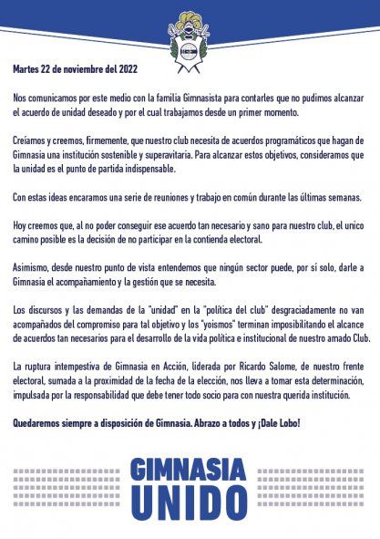 Comunicado de Gimnasia Unidos, de Gabriel Pellegrino, para bajarse de las elecciones de Gimnasia