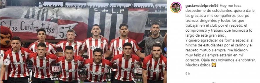 Gustavo Del Prete y su mensaje de despedida de Estudiantes