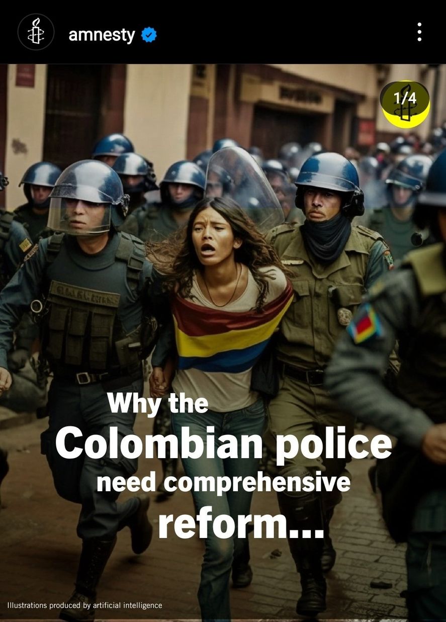 Imágenes de Inteligencia Artificial utilizadas por la organización de Derechos humanos Amnistía Internacional para graficar la represión en Colombia de 2021. 