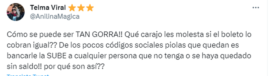 Uno de los mensajes en Twitter en repudio de la supuesta negativa a compartir la Tarjeta SUBE.