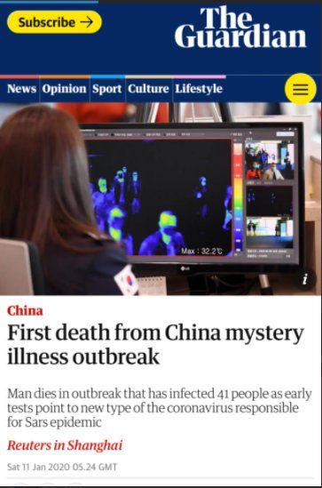 The Guardian reportaba la primera muerte por Covid-19 en China, el 11 de enero de 2020.