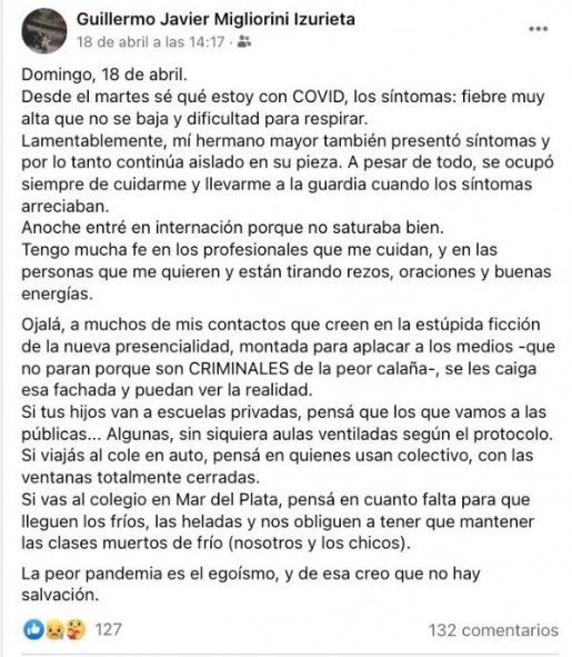 Guillermo Javier Migliorini Izurieta tenía 27 años: tenía una enfermedad preexistente y murió tras contagiarse coronavirus.