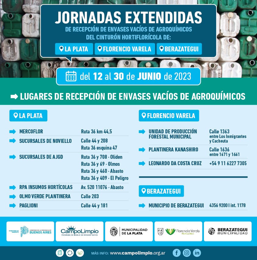 En el marco del mes del cuidado del medio ambiente y hasta el viernes 30 de junio, se recibirán botellas, bidones, cajas y bolsas en el marco de una acción conjunta entre la Municipalidad de La Plata, la Provincia, empresas del sector agrario y otros distritos bonaerenses.